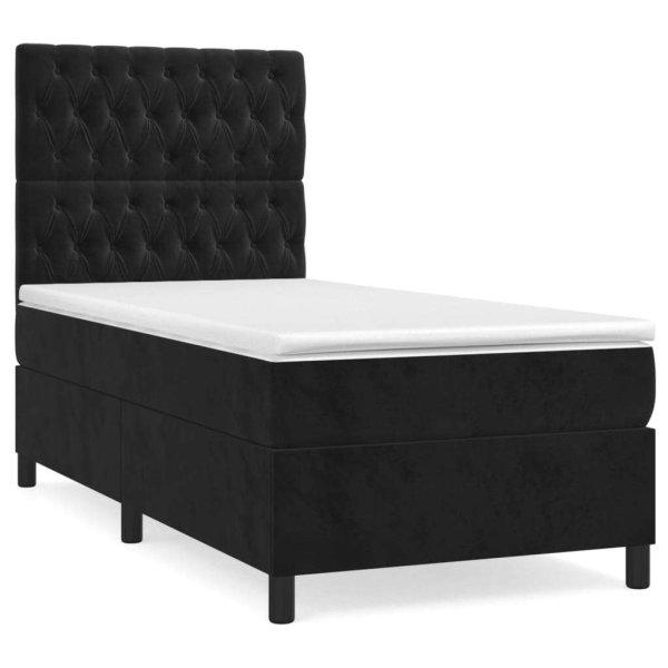Fekete bársony rugós ágy matraccal 90 x 200 cm