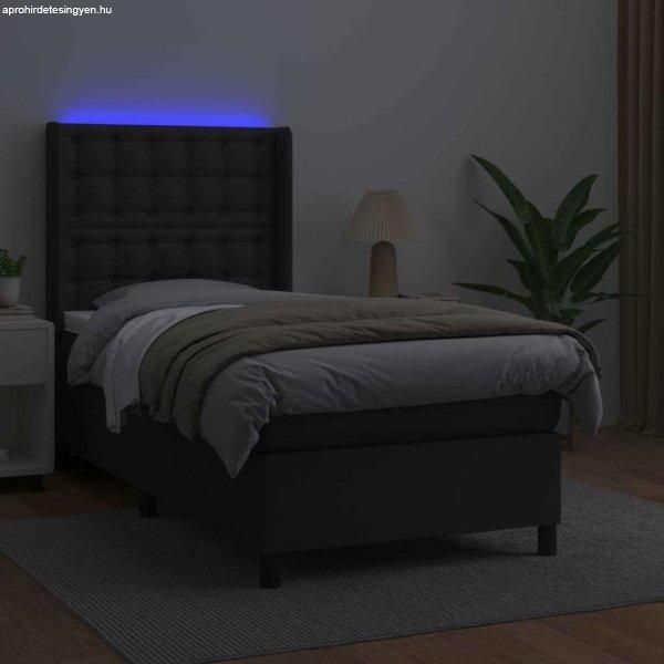 Fekete műbőr rugós ágy matraccal és led-del 90x200 cm