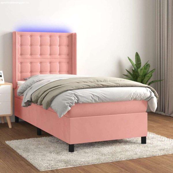 Rózsaszín bársony rugós és led-es ágy matraccal 90x200 cm