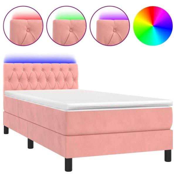 Rózsaszín bársony rugós és led-es ágy matraccal 90x200 cm