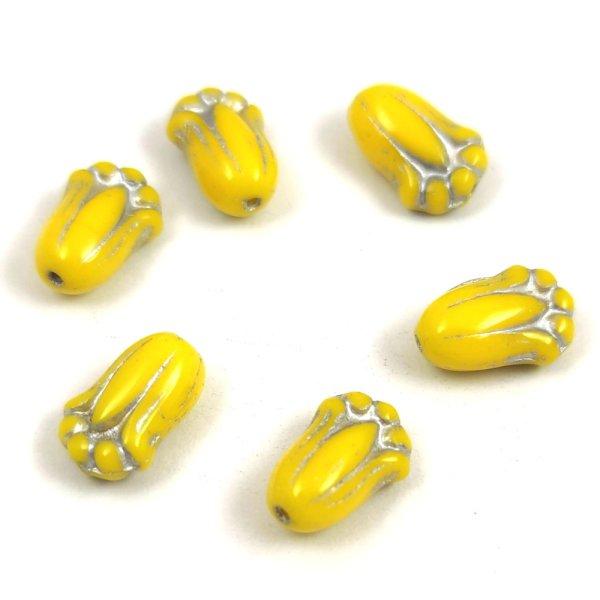 Tulip Bud - cseh préselt üveggyöngy - Sunflower Silver - 12x8mm