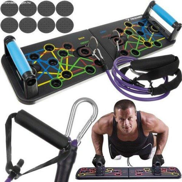 Multifunkciós fitness tábla, push-up fekvőtámasz keret, 25 különböző
beállítással, gumikötelekkel, összecsukható