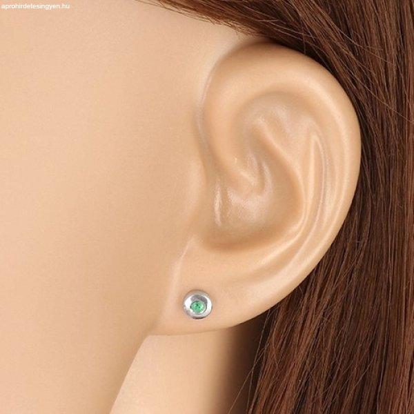 9k fehér arany fülbevaló - fényes kör smaragdzöld cirkóniával, 4,5 mm