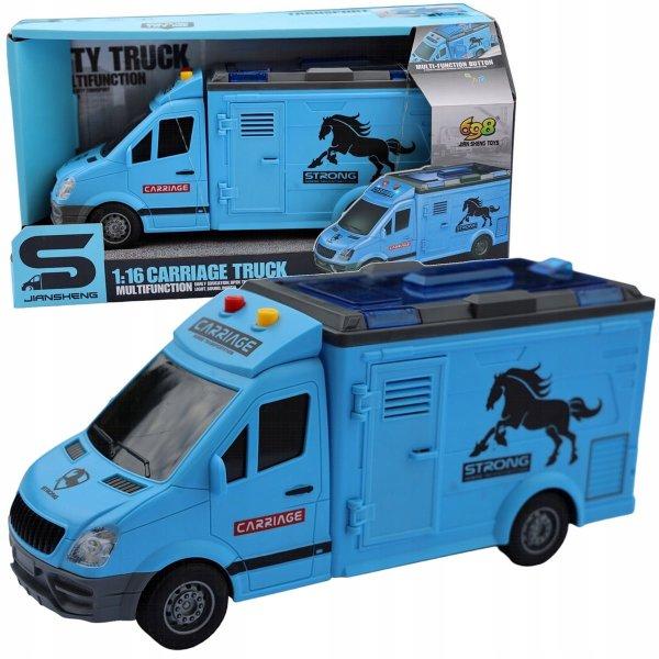 Világító és zenélő,
lószállító kocsi kinyitató ajtókkal és
játék lóval - 25 x 11 x 8 cm - kék (BBMJ)