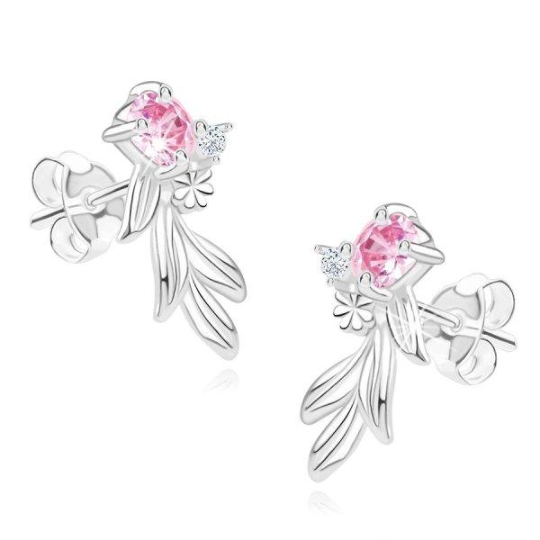 925 ezüst fülbevaló – faragott levelek, kis virág, rózsaszín és fehér
cirkónia