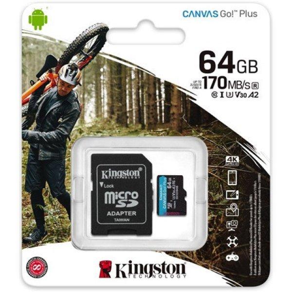 Kingston 64GB Canvas Go! Plus Class10 UHS-I U3 V30 A2 microSDXC memóriakártya
