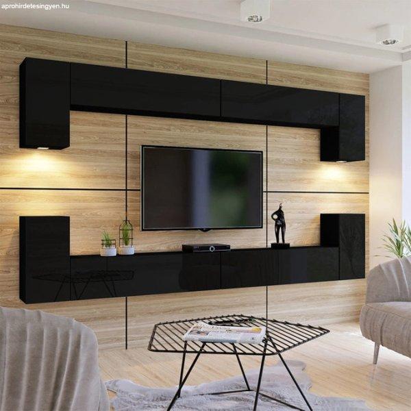 Modern fali egység nappaliba, fényes fekete, 350 cm PREMIUM - fekete