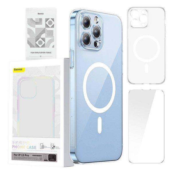 Telefon tok Baseus Magnetic átlátszó iPhone 13 Pro (átlátszó)teljesen
edzett üvegből készült képernyővédő és tisztító készlet