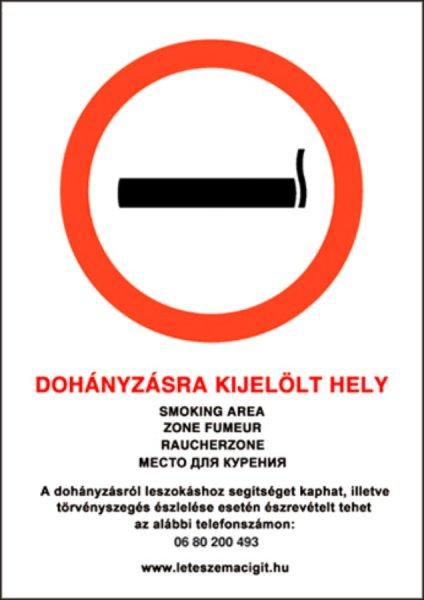 Dohányzásra kijelölt hely, PVC tábla 21x30 cm A/4 méret