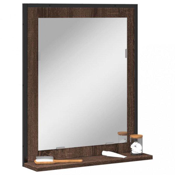 Barna tölgy szerelt fa fürdőszobai tükör polccal 50x12x60 cm