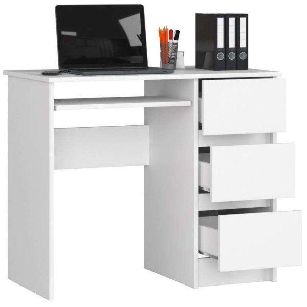 Számítógép asztal, laminált lap, 3 fiók, jobb, 1 polc, fehér, 90x50x77 cm