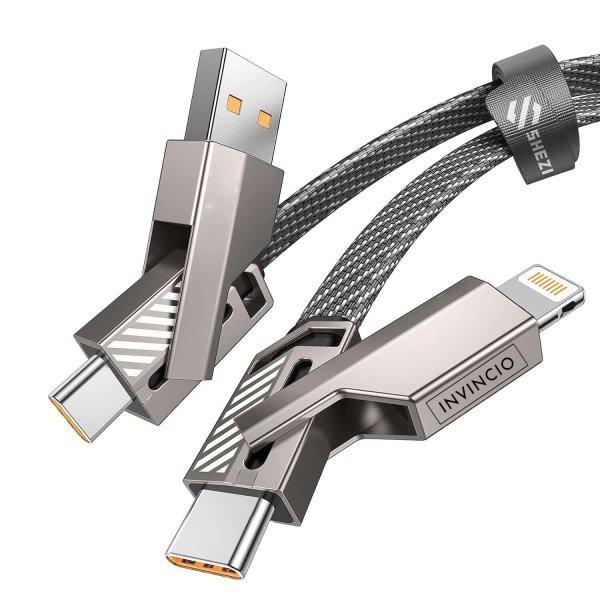 4 az 1-ben töltőkábel, Invincio Data, támogatja a 60 W-os töltést és
adatátvitelt akár 480 Mbps-ig, USB-A USB-C Lightning portok között, lapos
gubancgátló kábel, fém dugók, 150 cm hosszú kábe