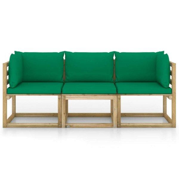Háromszemélyes kerti kanapé zöld párnákkal