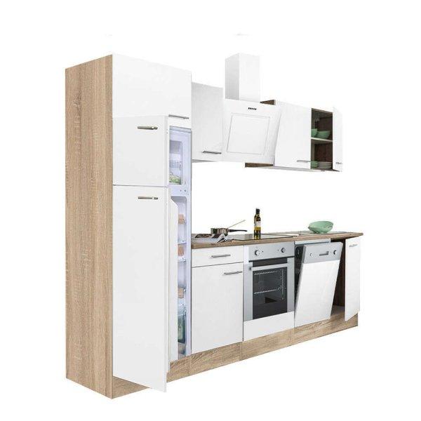Yorki 280 konyhablokk sonoma tölgy korpusz,selyemfényű fehér front alsó
sütős elemmel felülfagyasztós hűtős szekrénnyel
