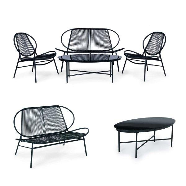 Kerti bútor készlet rattanból, fém székekkel, paddal és fekete asztallal