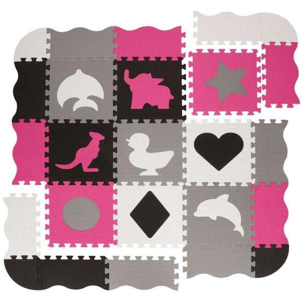 Habszőnyeg gyerekeknek, forma puzzle típusú, 34 db, hőszigetelő, 120×120
cm, szürke rózsaszín