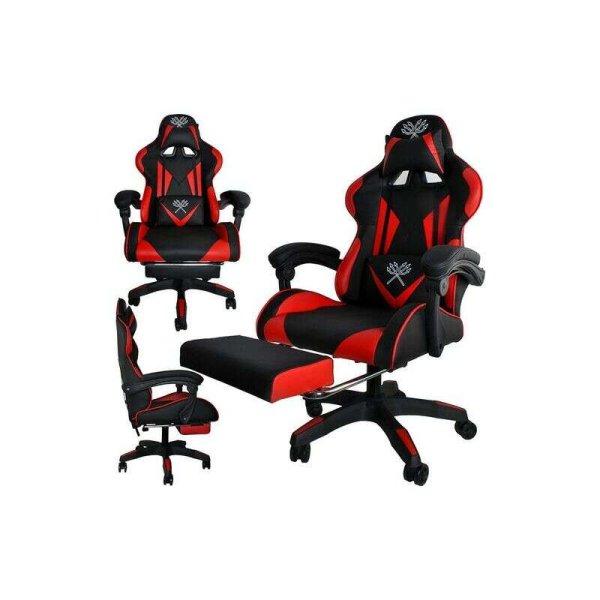 Gamer szék öko-bőr borítással, lábtartóval, 150 kg teherbírással,
fekete-piros színben