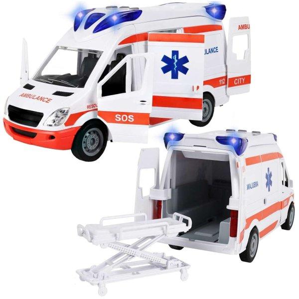 Élethű játék mentőautó kinyitató ajtókkal és hordággyal - világít,
zenél - 26 x 12 x 9 cm (BBMJ)