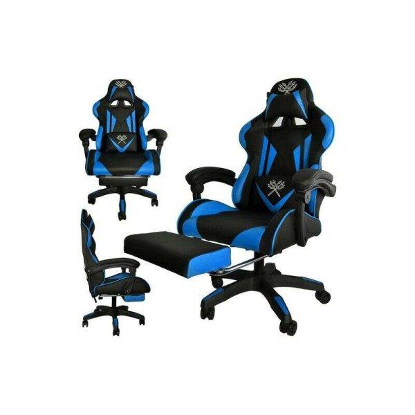 Gamer szék öko-bőr borítással, lábtartóval, 150 kg teherbírással,
fekete-kék színben