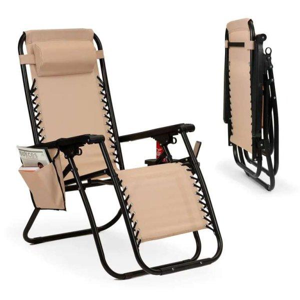 Összecsukható kerti napozó szék fejtámlával, ital- újságtartóval,
dönthető hát- és lábtámlával, bézs