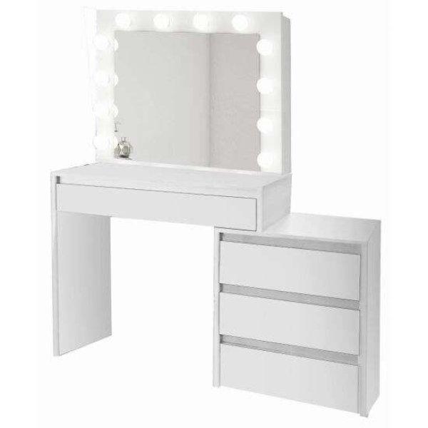 Fésülködőasztal/smink, fehér, tükörrel és LED-ekkel, 115x43x145 cm