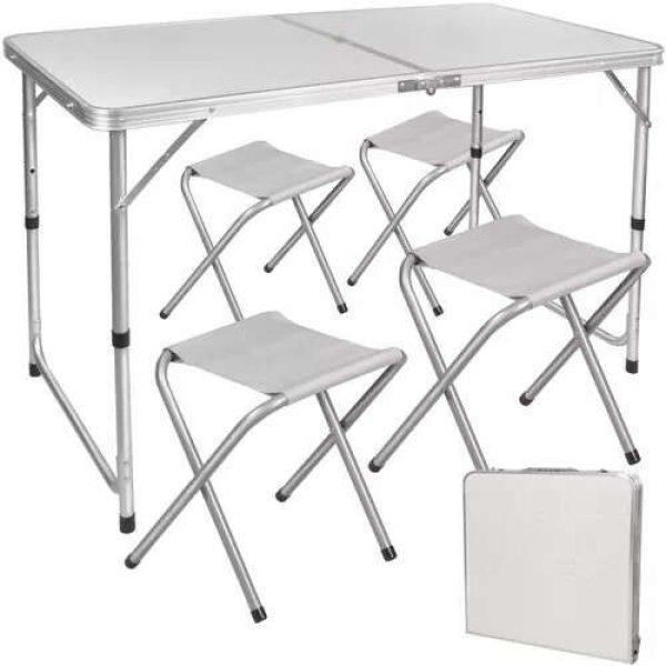 Trizand kempingkészlet, fehér, mdf asztallap, 4 székkel, esernyőlyukkal