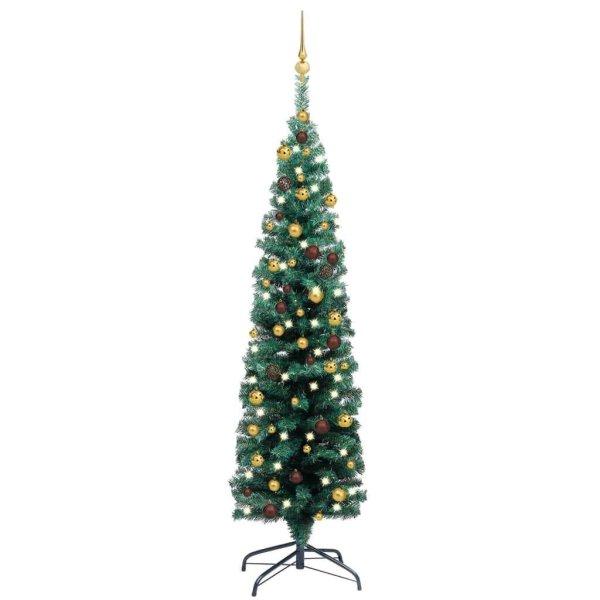 Zöld vékony műkarácsonyfa led-ekkel és gömbszettel 150 cm