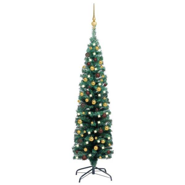 Zöld vékony műkarácsonyfa led-ekkel és gömbszettel 120 cm