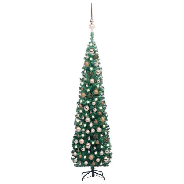 Zöld vékony műkarácsonyfa led-ekkel és gömbszettel 210 cm