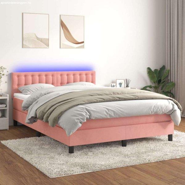 Rózsaszín bársony rugós és led-es ágy matraccal 140x200 cm