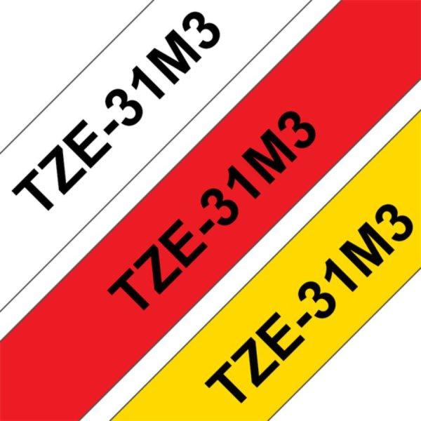 BROTHER szalag TZe-31M3, 3db-os csomag: piros-, fehér- és sárga alapon fekete
(TZe231+TZe431+TZe631), 12mm x 8m