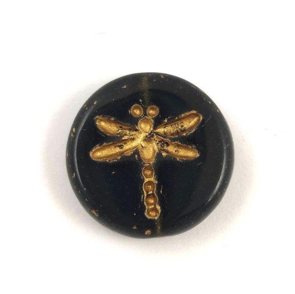 Cseh table cut gyöngy - hosszában fúrt kerek szitakötő mintás - Black
Diamond Gold - 17 mm