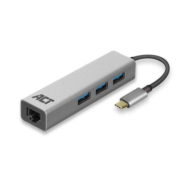 ACT USB-C Hub 3.2 3 portos + gigabyte ethernet ezüst (AC7055) (AC7055)
