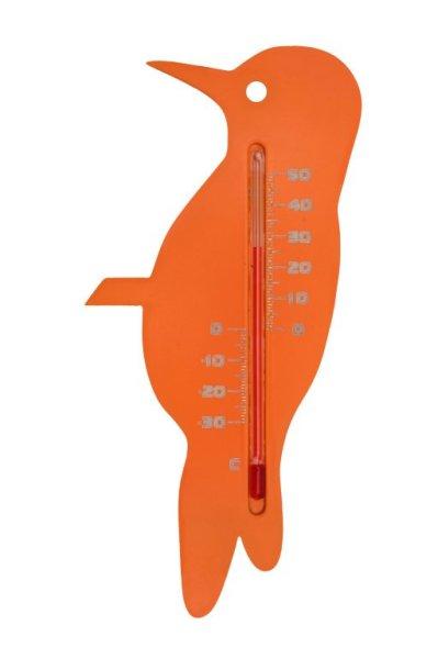 Hőmérő kültéri, műanyag, narancssárga harkály forma15x7,5x0,3cm