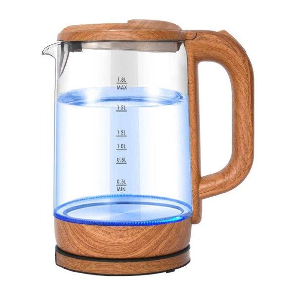 Platinet Electic Kettle 1800W Glass & Wooden Color Finish Blue Lighting