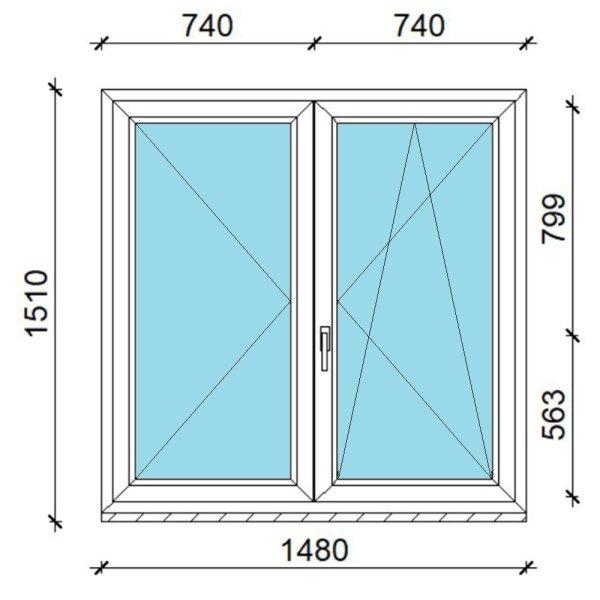 150x150 műanyag ablak, kétszárnyú, váltószárnyas, nyíló-bukó/nyíló
Gealan