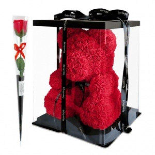 Rózsa maci díszdobozban 40 cm - piros + 1 szál szappan rózsa