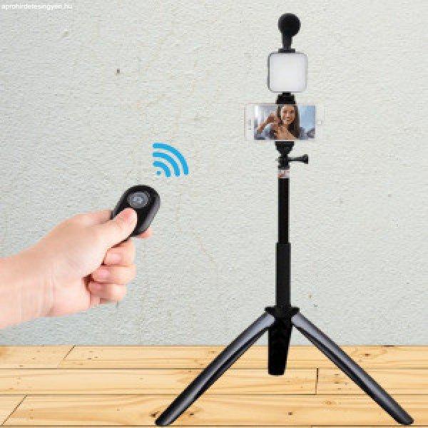 Teleszkópos selfie állvány, mikrofon, lámpa, telefontartó, távirányító