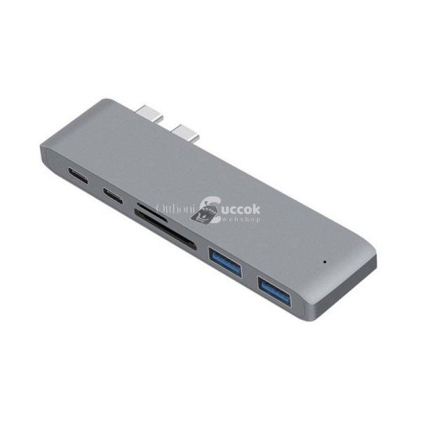 USB elosztó HUB MacBook-hoz szürke színben, Type-C, USB 3.0, SD, Micro SD, TF