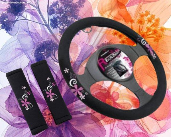 Csajos Autó Szett: Bouquet Kormányvédő + Biztonsági Öv Párna Kis Virágos