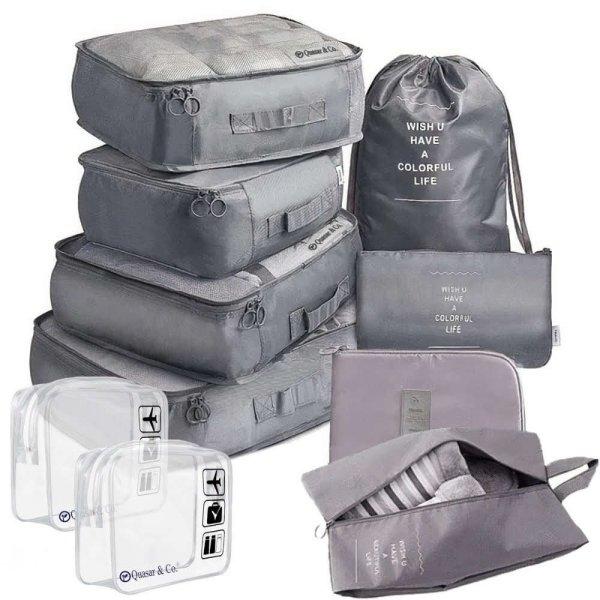 8 csomagrendező huzatból és 2 utazási kozmetikai táskából álló
készlet, Quasar & Co., bőrönd/kocsi rendszerezők, világos antracit szürke