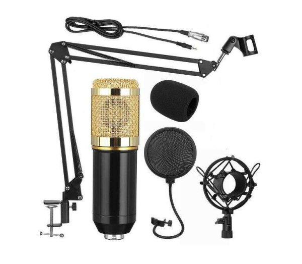 Professzionális kondenzátor stúdió mikrofon, állvánnyal és
kiegészítőkkel, arany-fekete
