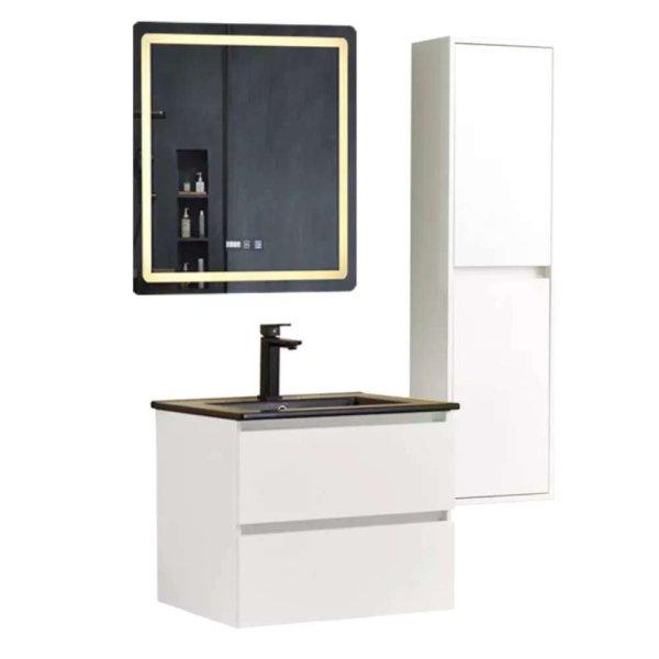 Hongkong White 60 komplett fürdőszoba bútor szett fali mosdószekrénnyel,
fekete mosdóval, tükörrel és magas szekrénnyel