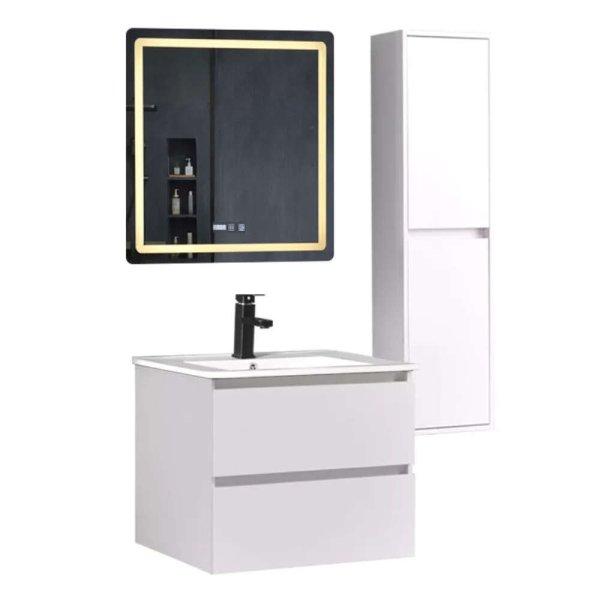 Hongkong White 60 komplett fürdőszoba bútor szett fali mosdószekrénnyel,
kerámia mosdóval, tükörrel és magas szekrénnyel