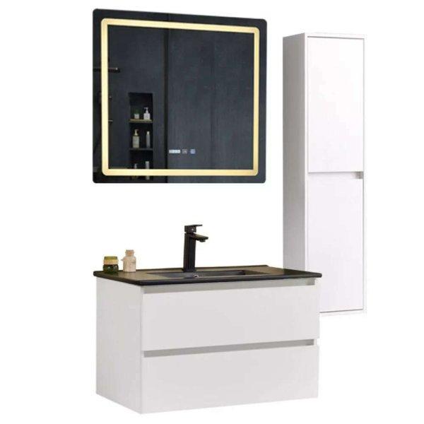 Hongkong White 80 komplett fürdőszoba bútor szett fali mosdószekrénnyel,
fekete mosdóval, tükörrel és magas szekrénnyel
