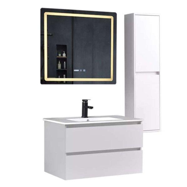 Hongkong White 80 komplett fürdőszoba bútor szett fali mosdószekrénnyel,
kerámia mosdóval, tükörrel és magas szekrénnyel