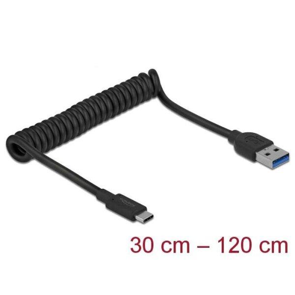 DeLOCK USB-A apa - USB-C apa Spirálkábel 1.2m - Fekete (85349)