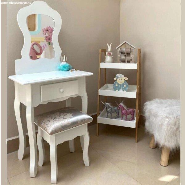 Set Vintage gyermek fésülködőasztal, fehér, tükörrel és lábtartóval,
50x30x110 cm
