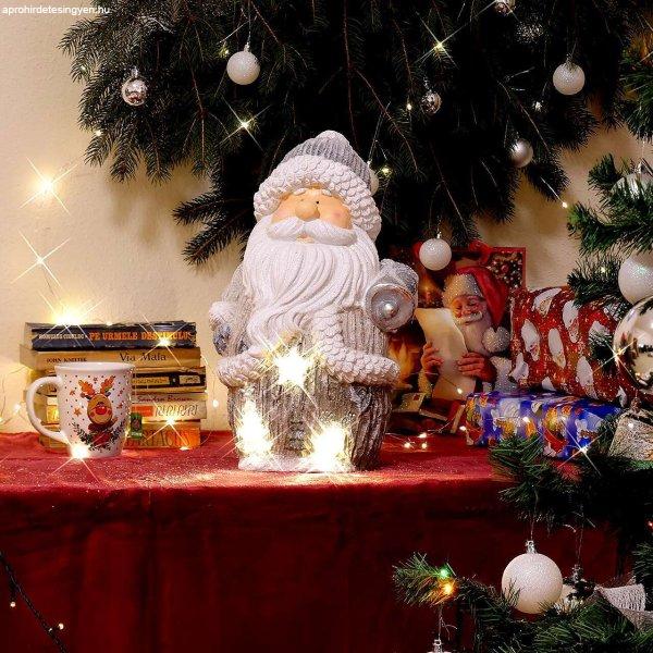 Karácsonyi dekoráció, kerámia, Mikulás haranggal, LED, szürke-fehér,
3xAAA, 24x20x39 cm, Chomik