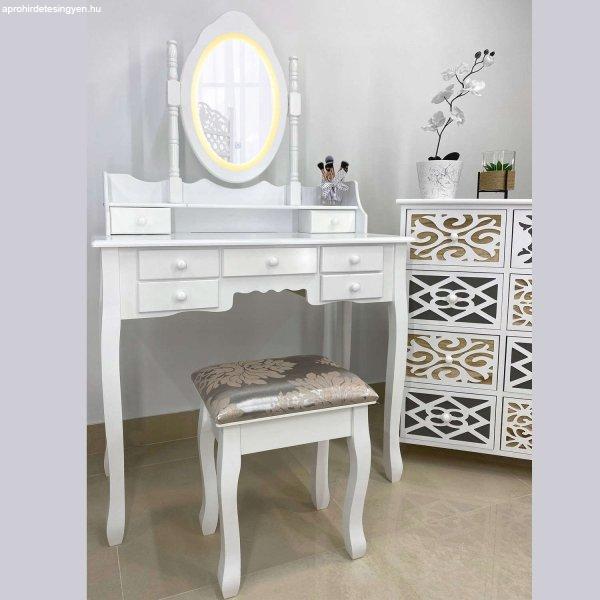 Szett Fésülködőasztal és smink elegáns székkel, fehér, 7 fiókkal és
tükörrel, LED világítás, 90x40x146 cm